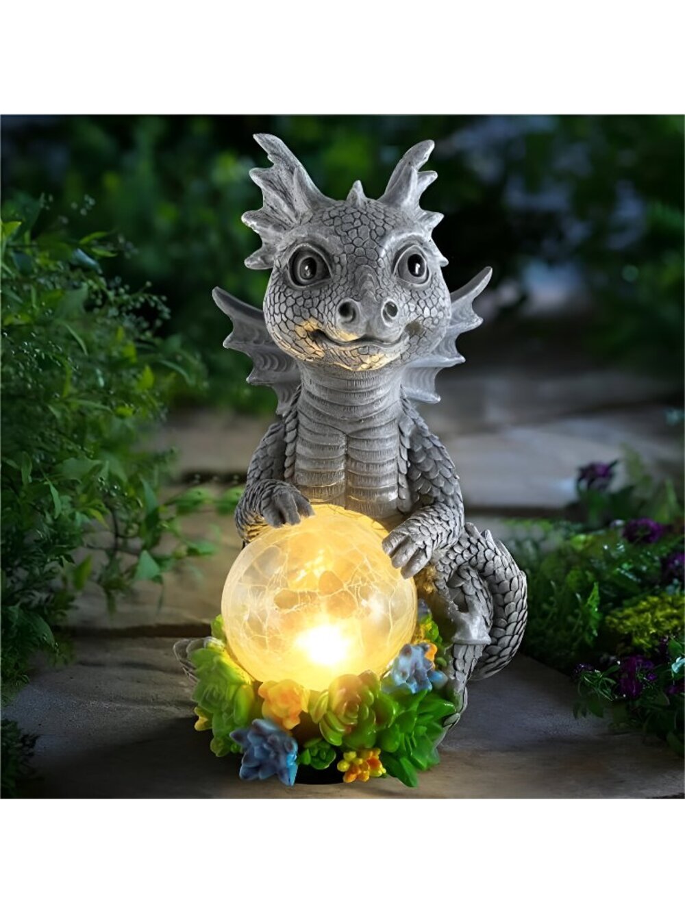 Solar Garden Outdoor Statues Dragon Holding Magic Orb with Solar LED Lights -